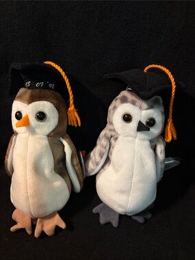 Ty Beanie Babies owl plush toys, "Wise" (Class of '98) and "Wiser" Class of '99